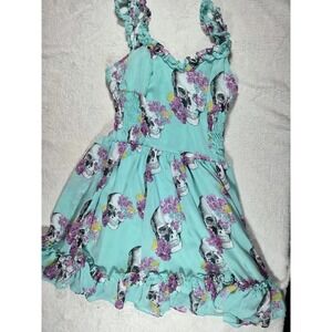 Royal Bones Skull Floral Ruffle Dress Teal Blue Smocked Gothic Small